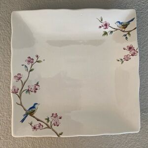 Set Of 2 Square 222 Fifth Feathered Friends 10.5” Dinner Plates Birds & Blossoms